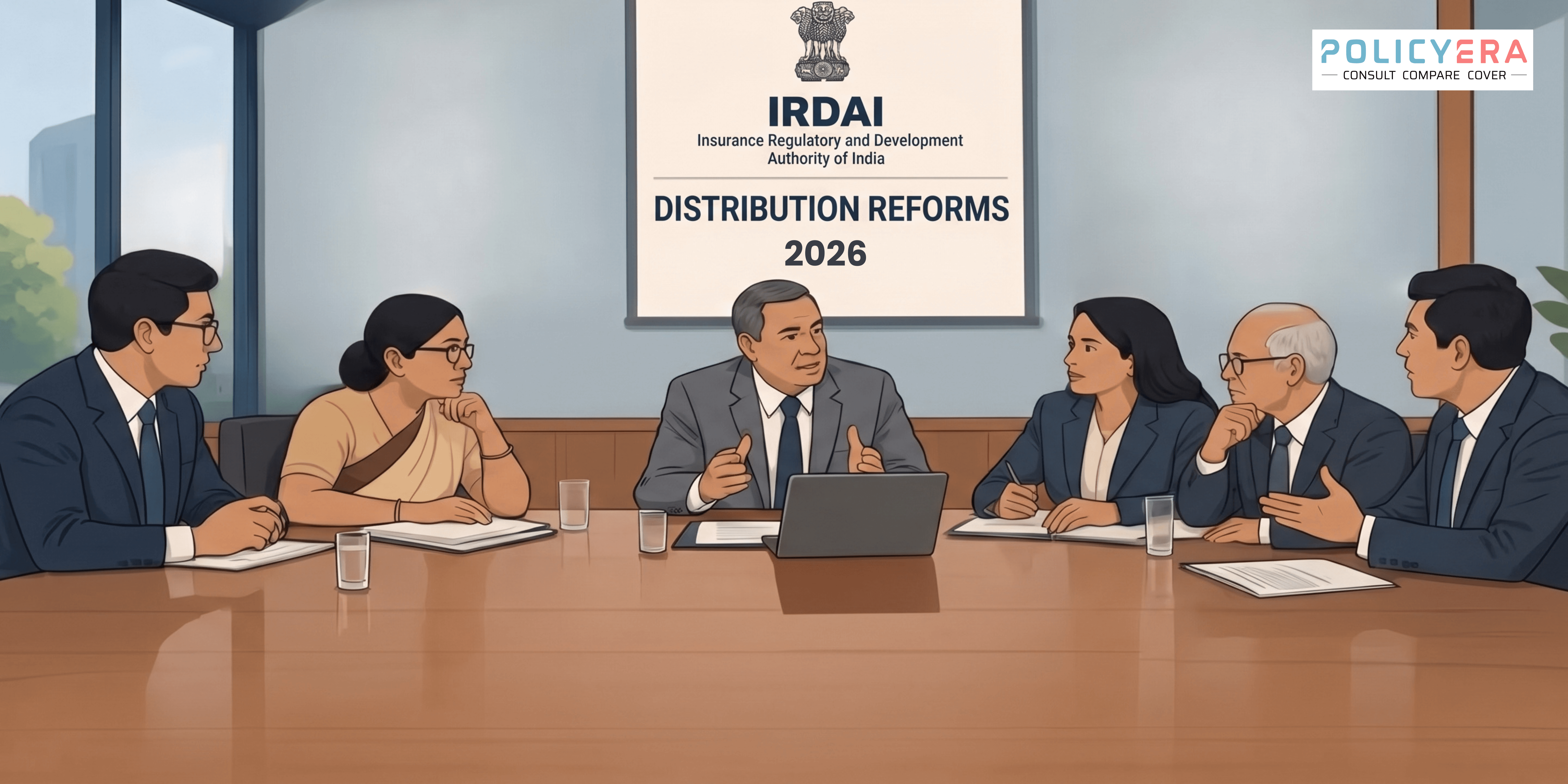 Professionals in an IRDAI conference discussing insurance distribution reforms.   