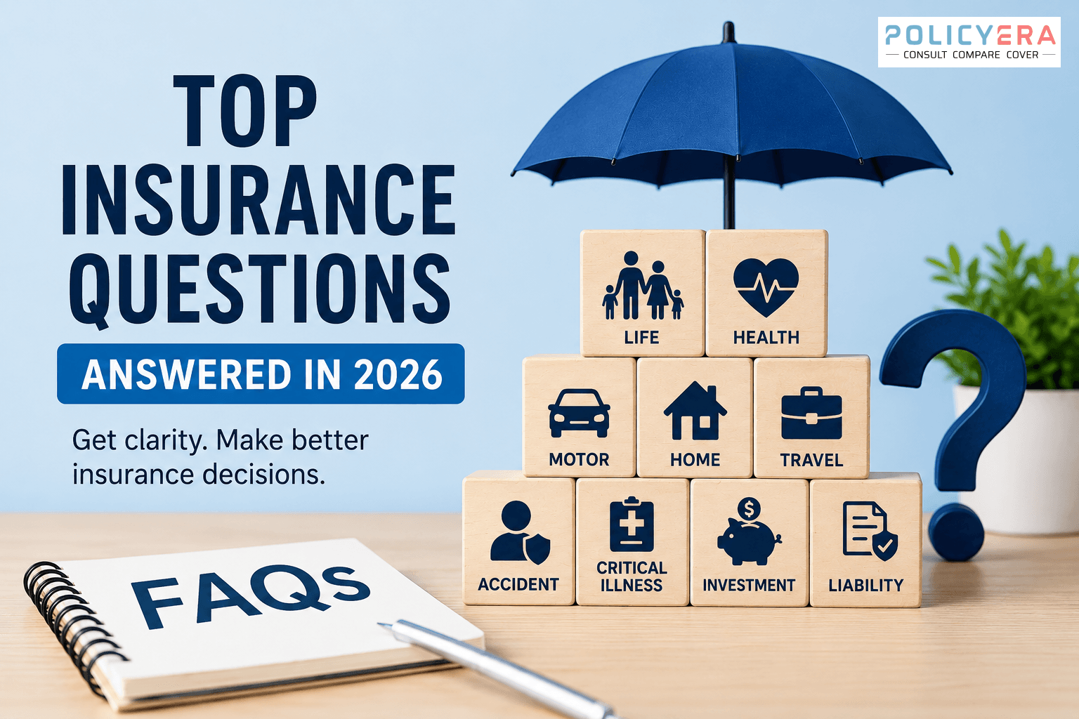 Top insurance questions answered in 2026 with life, health, motor, home and travel insurance icons
