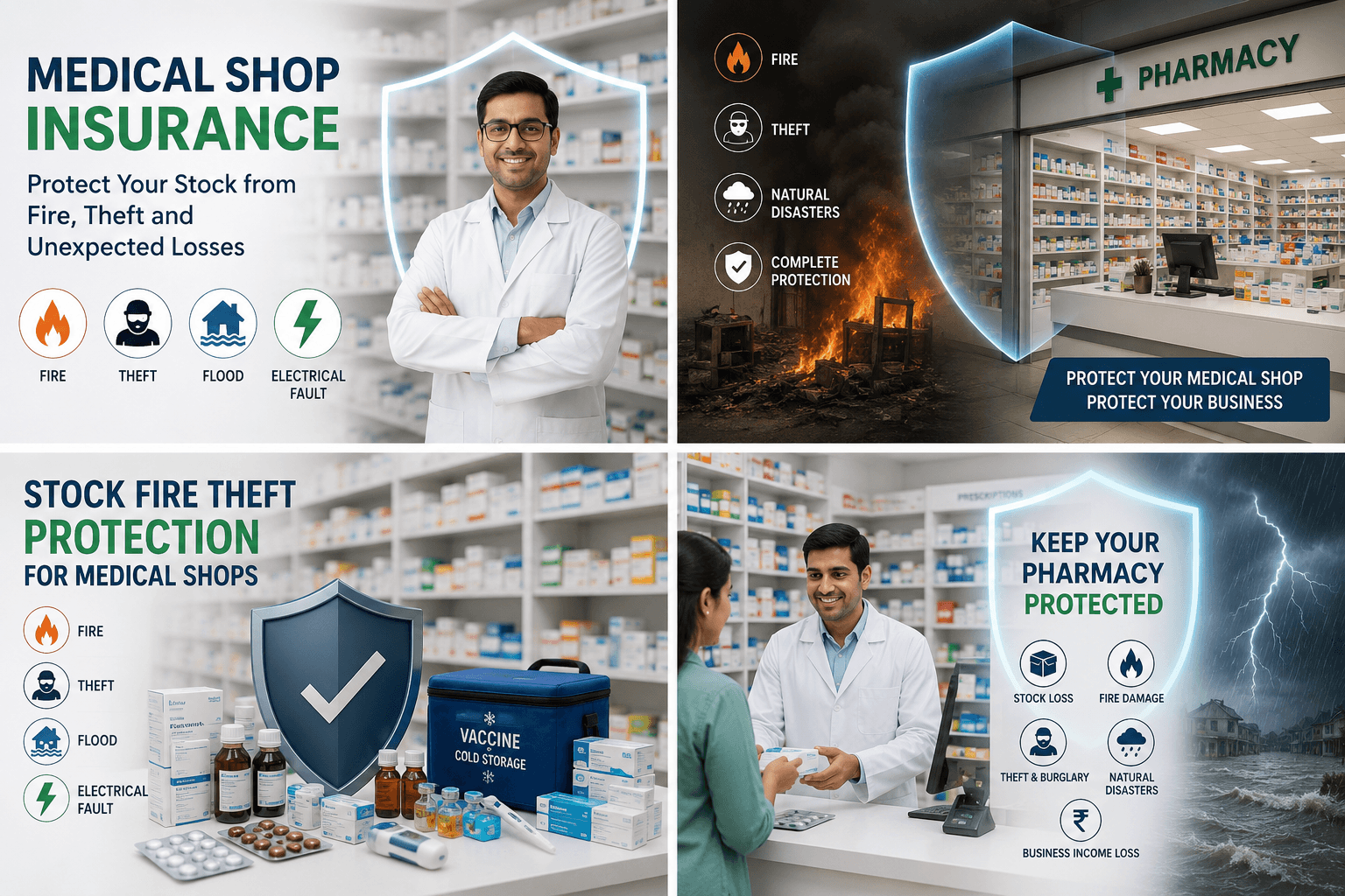 Medical shop insurance protecting a pharmacy from fire theft stock loss and natural disasters