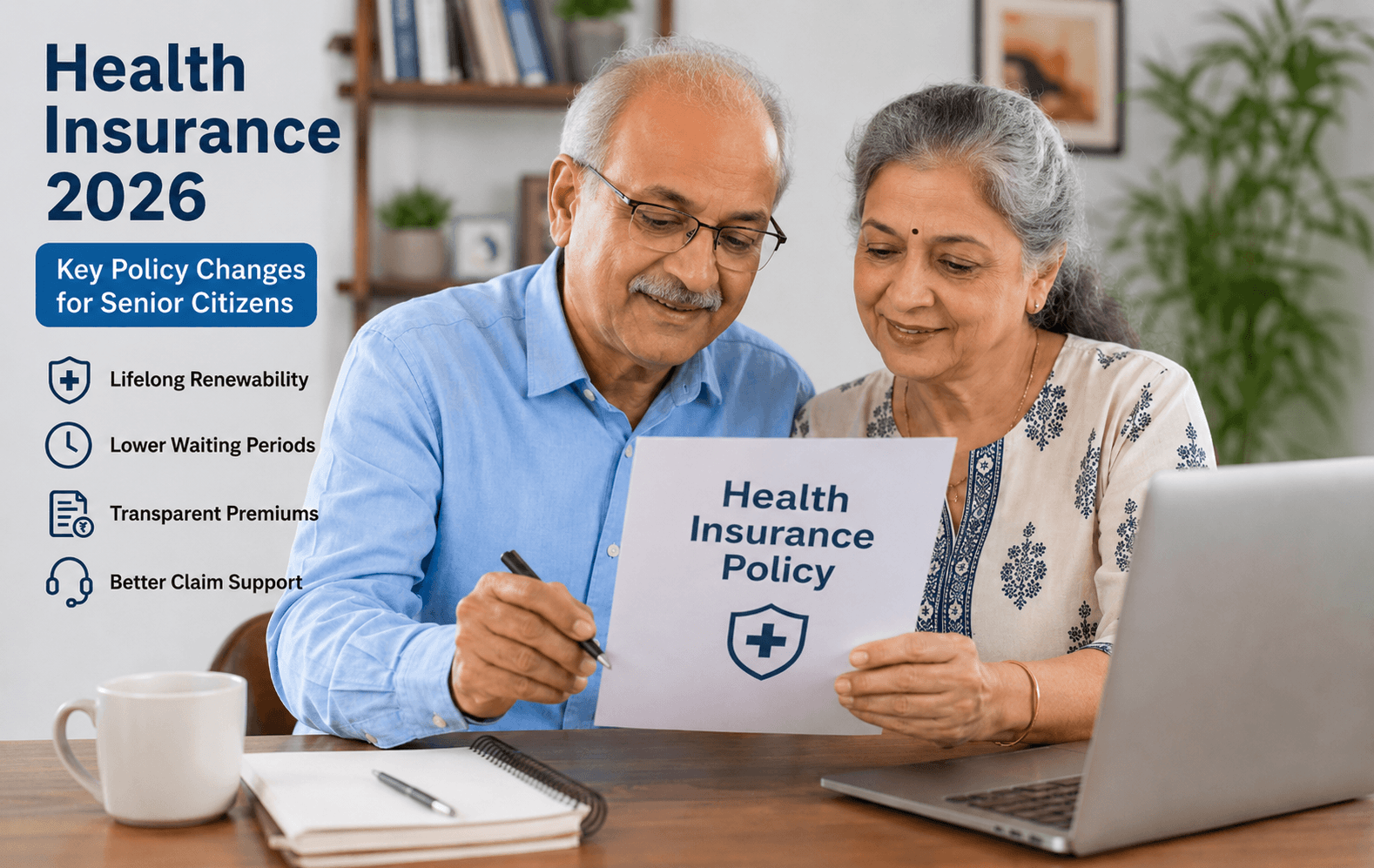 Senior Indian couple reviewing a health insurance policy with key 2026 policy changes for senior citizens.
