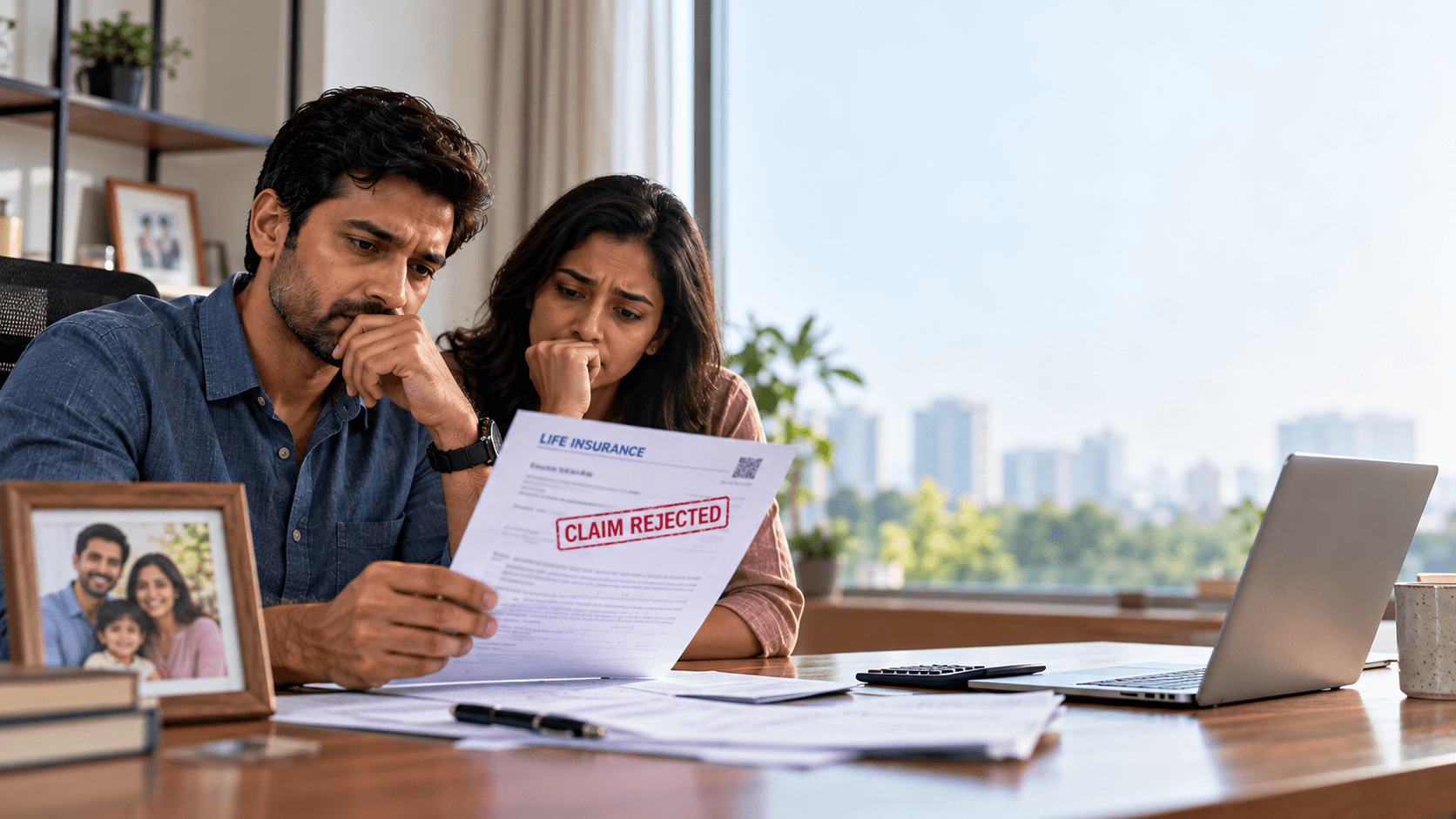 Worried Indian couple looking at a rejected term insurance claim letter