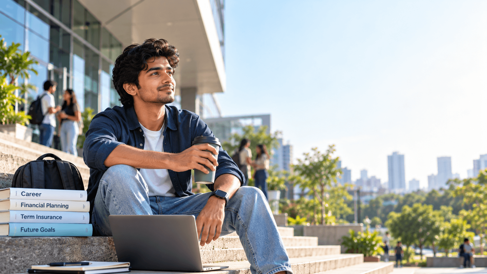 Young Gen Z professional sitting outside with laptop and books on career and term insurance