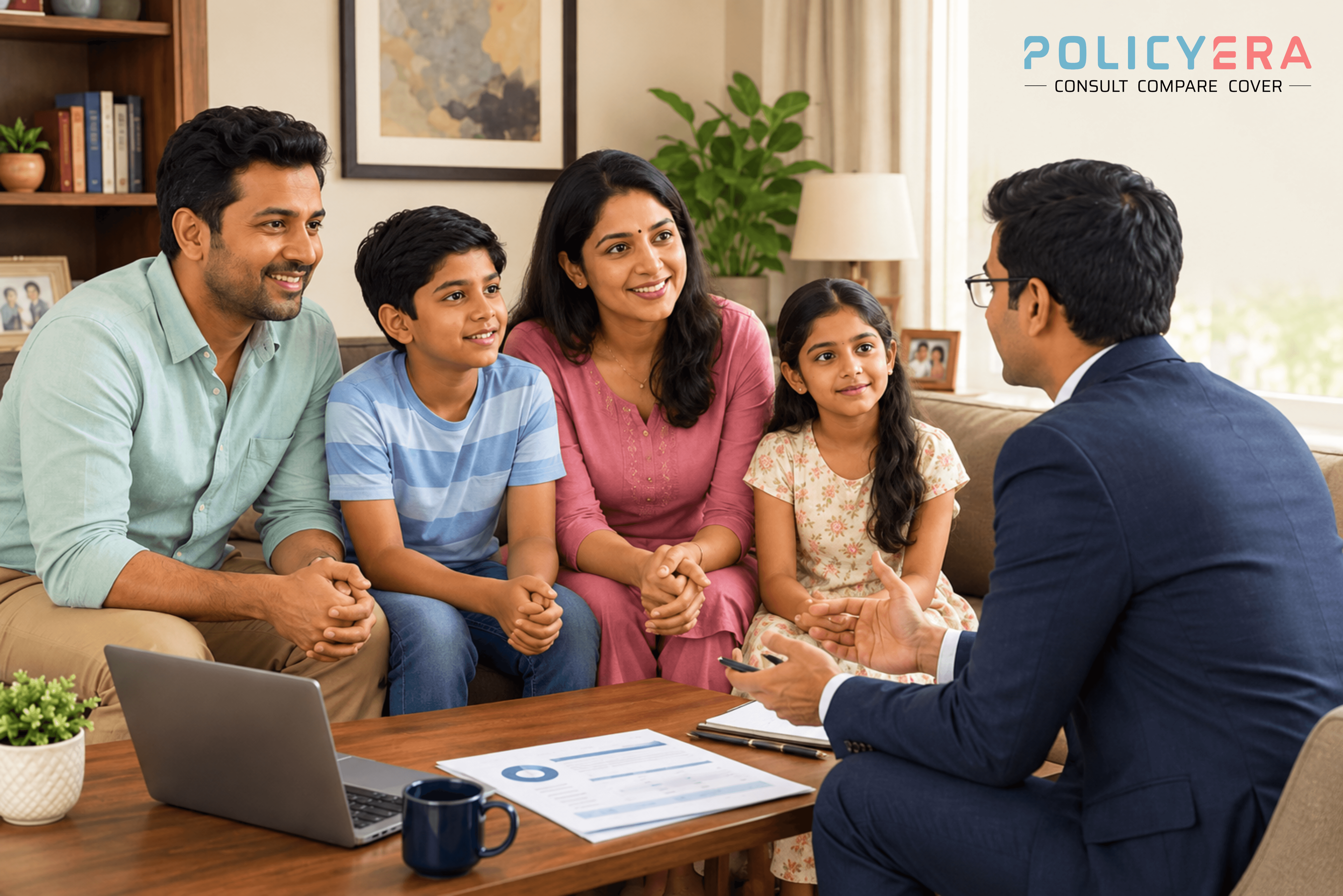 Indian family consulting with insurance advisor to choose best life insurance policy