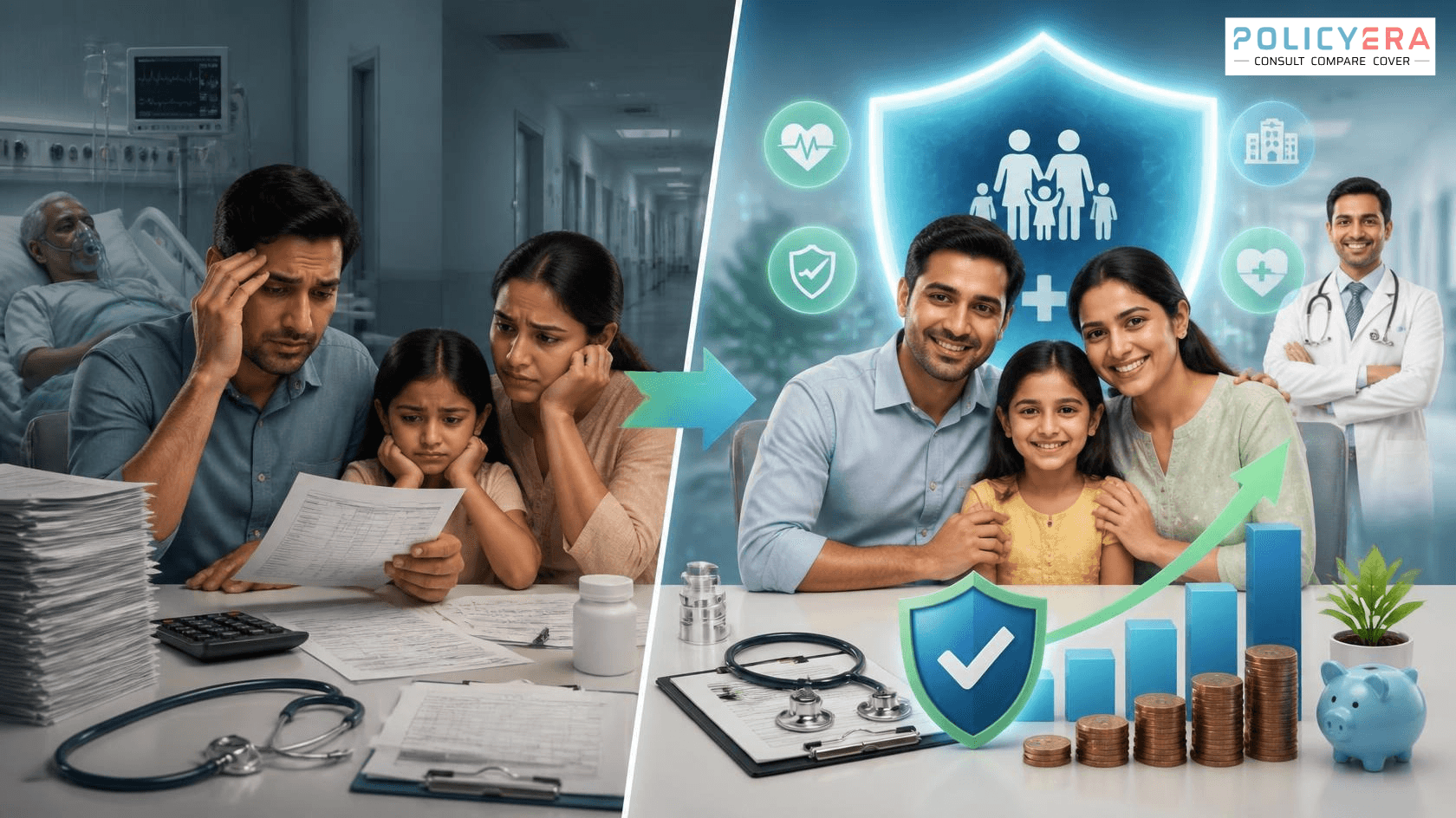 Super Top-Up Health Insurance helping an Indian family manage high hospital bills with increased medical coverage and financial protection.