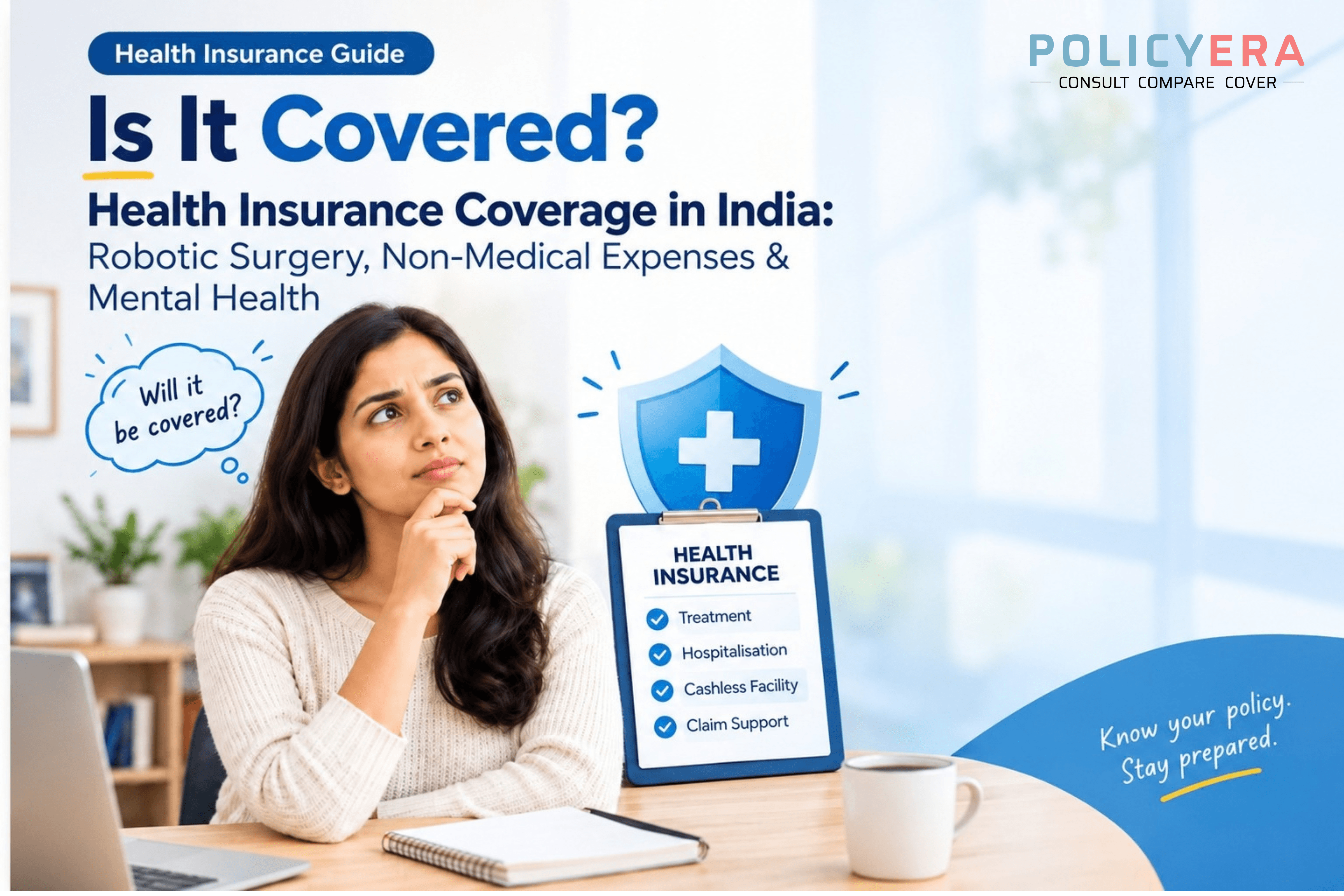 Health insurance coverage guide India woman thinking about policy benefits