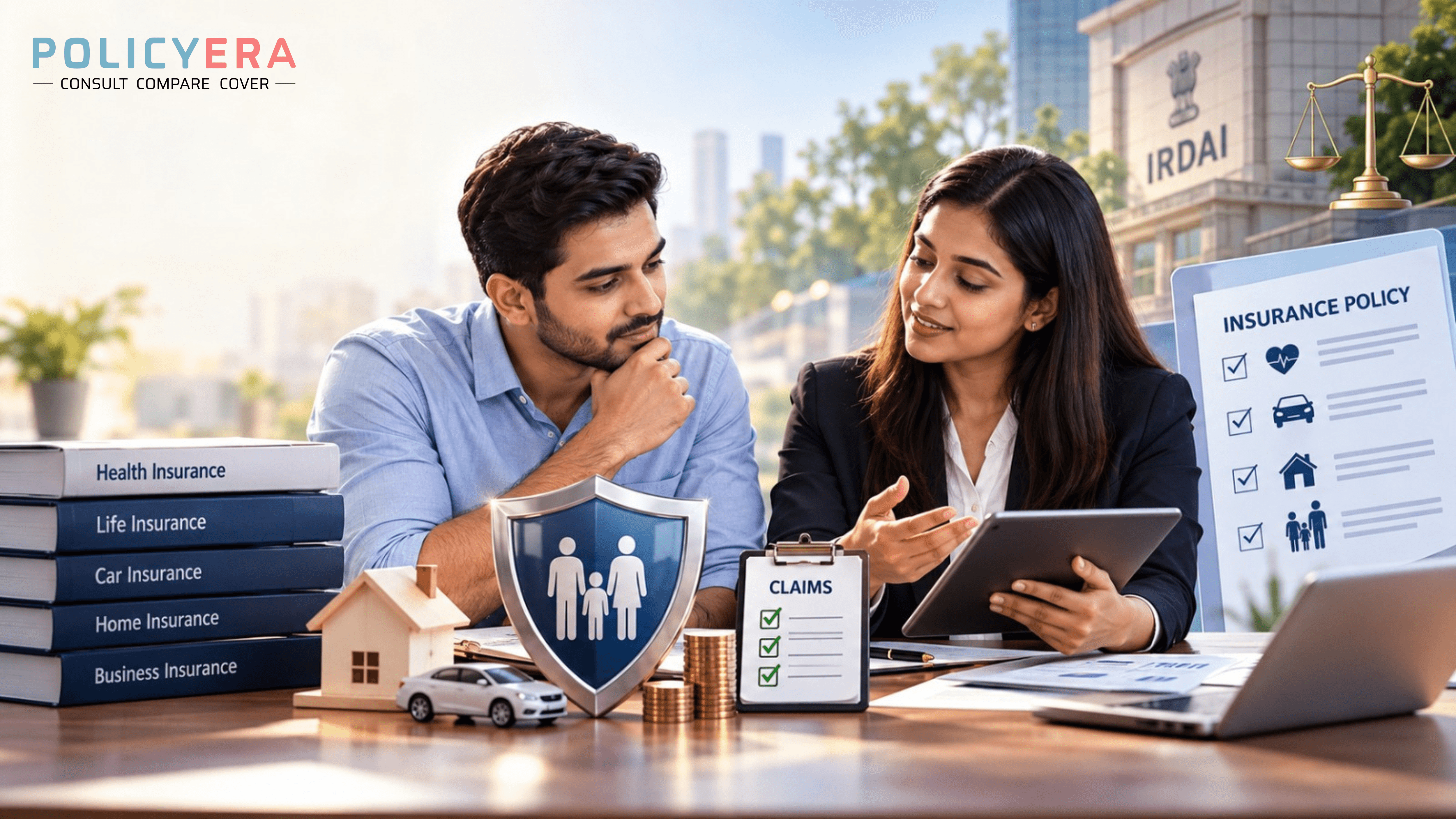 Policy Era advisor explaining health, life, car and home insurance options to a customer