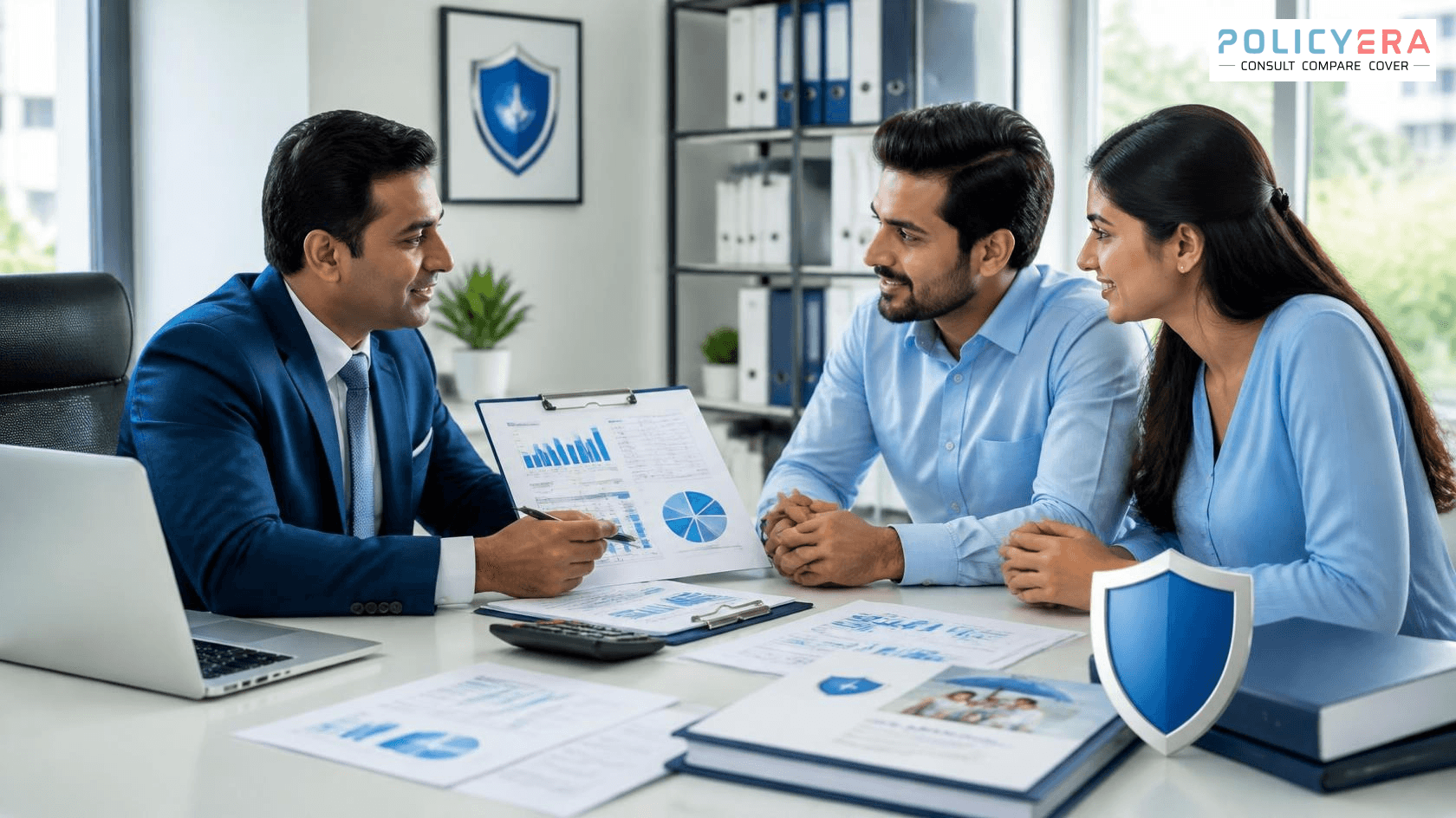 Investment insurance advisor explaining Section 80C tax planning to an Indian couple
