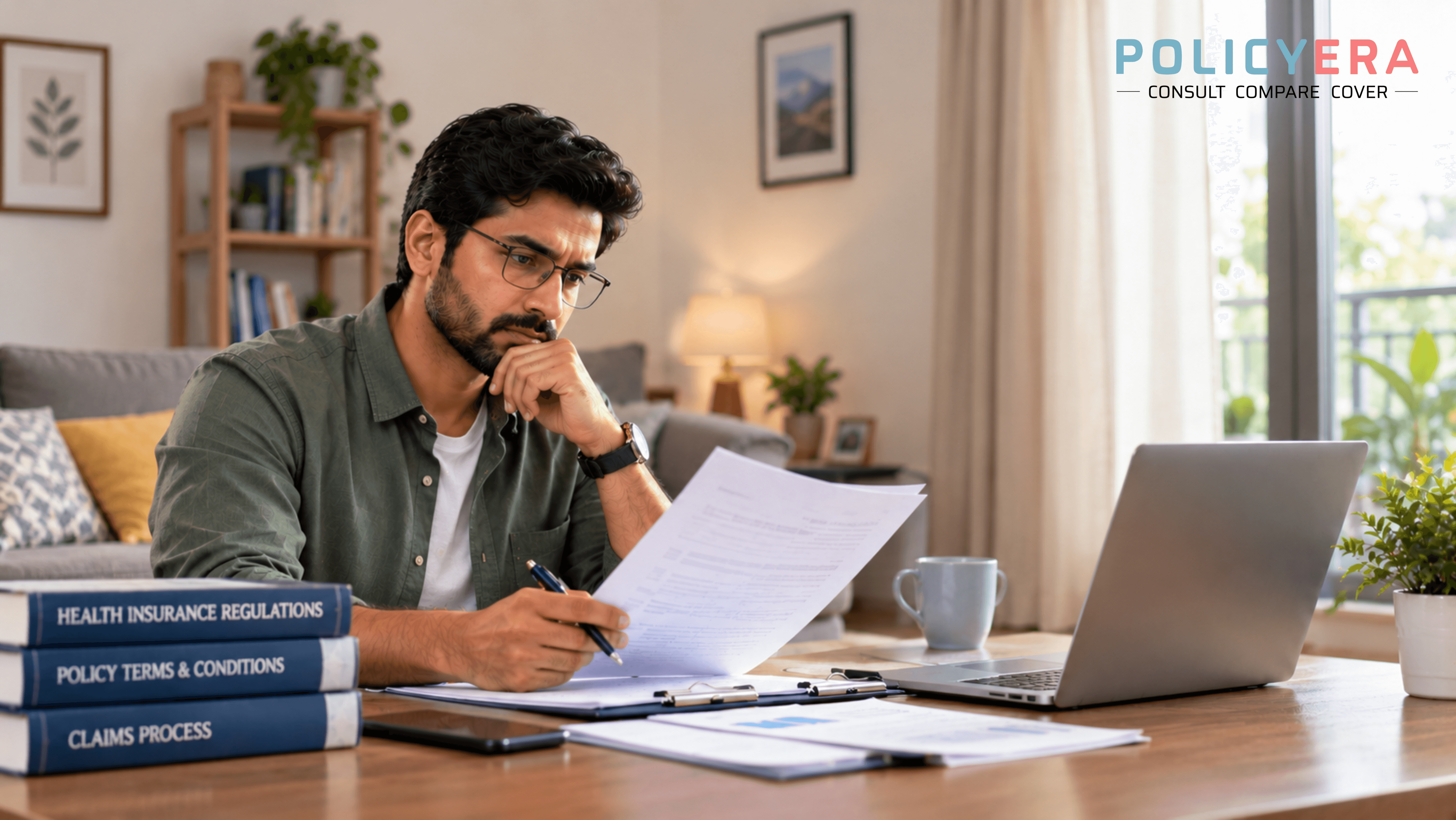 Consumer reviewing health insurance policy documents and consumer protection rules at home